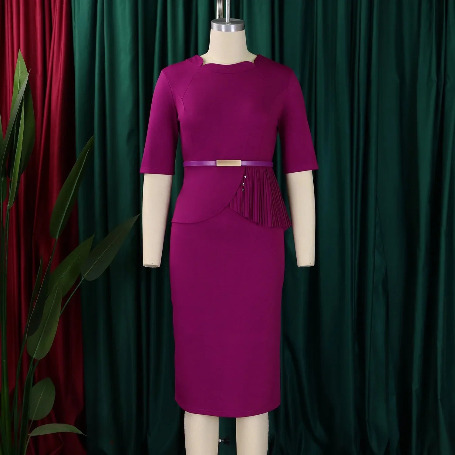 Women Square Neck Bodycon Midi Dress Belted For Work