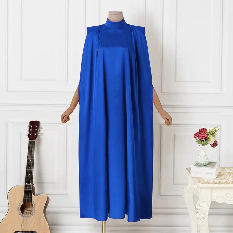 Satin Pleated Evening Dress With Stand Collar Long Sleeve