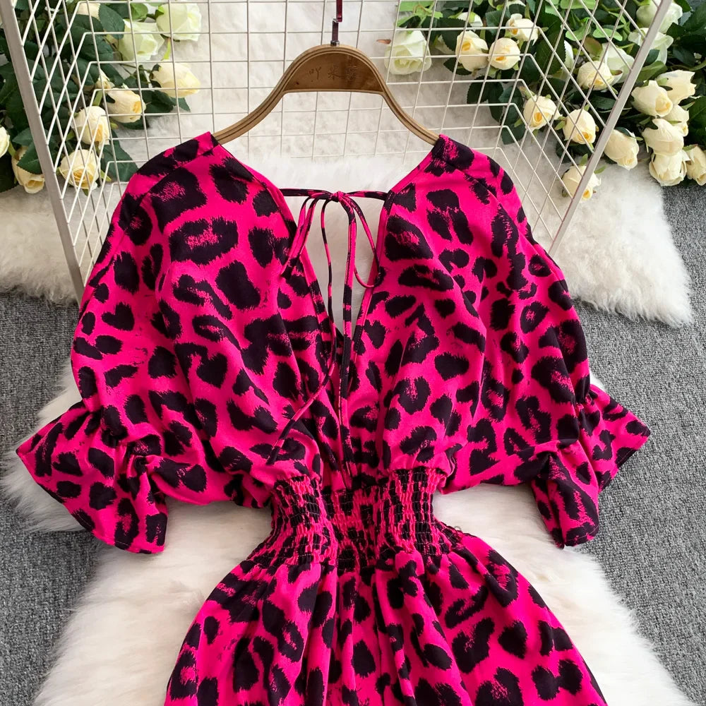 Women's Summer V-Neck Leopard Print Lace-Up Jumpsuit Short Sleeve Loose Fit Playsuit Overalls with Elegant Ruffle Detail