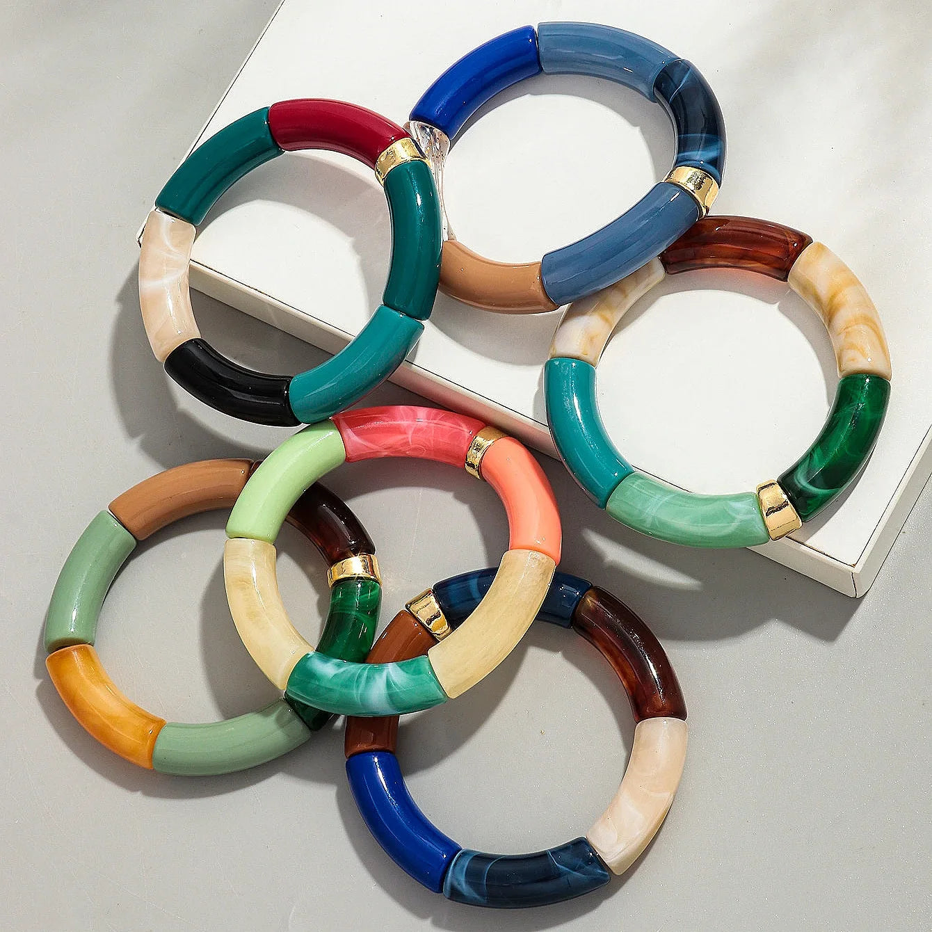 Boho Chunky Bamboo Stackable Bracelet for Women with Colorful Tube Beads and Elastic Design