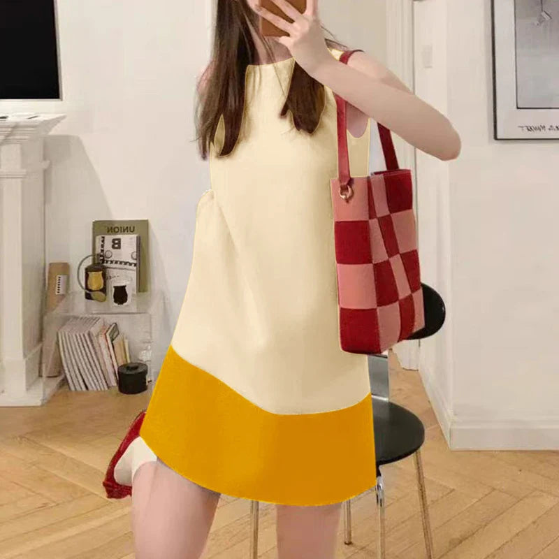 Korean Style Patchwork Sundress Sleeveless Round Neck Mini