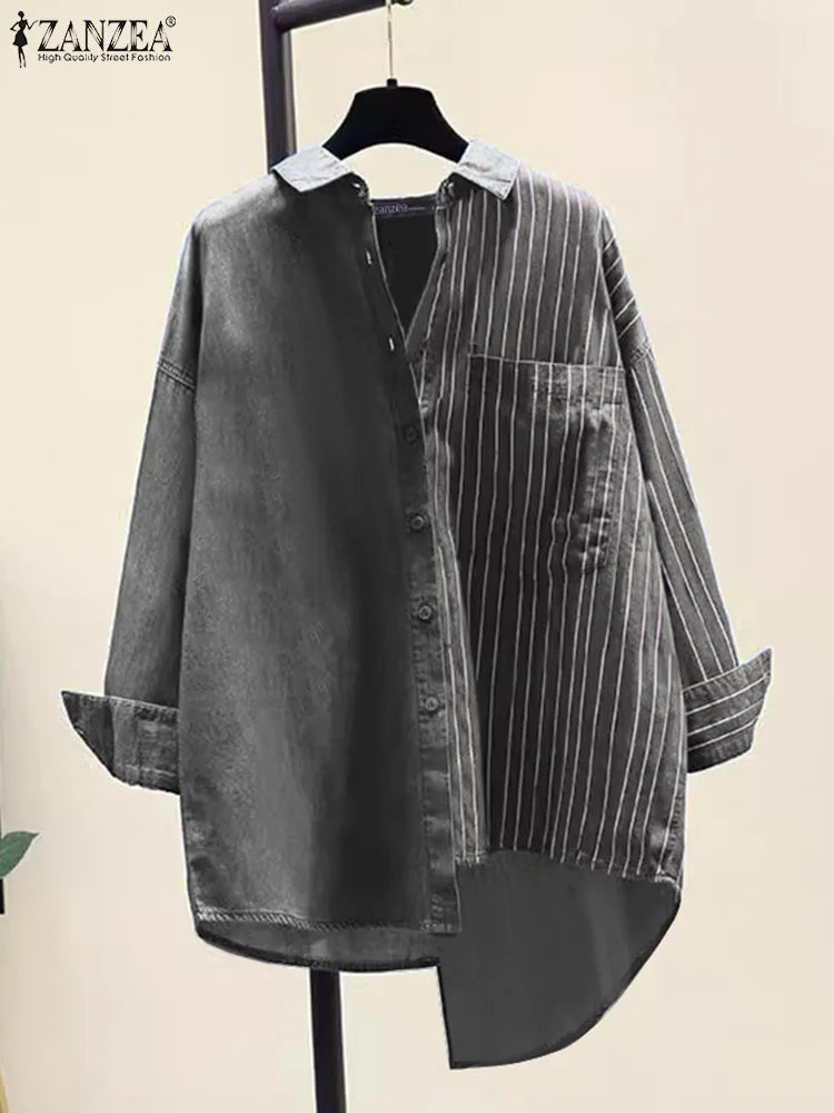 Women's Striped Patchwork Long Sleeve Shirt Casual Loose Blouse with Front Pocket and Shirt Collar Oversized Work and Everyday Wear Top