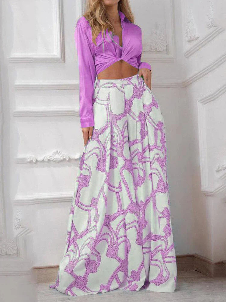 Printed Casual Suit with Lace-Up Shirt and High Waist Wide Leg Pants Set for Women