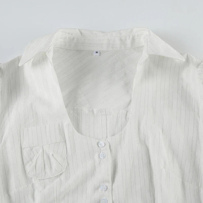 Slim Striped Blouse for Women Casual V-Neck Turn-Down Collar Short Puff Sleeve Summer Shirt