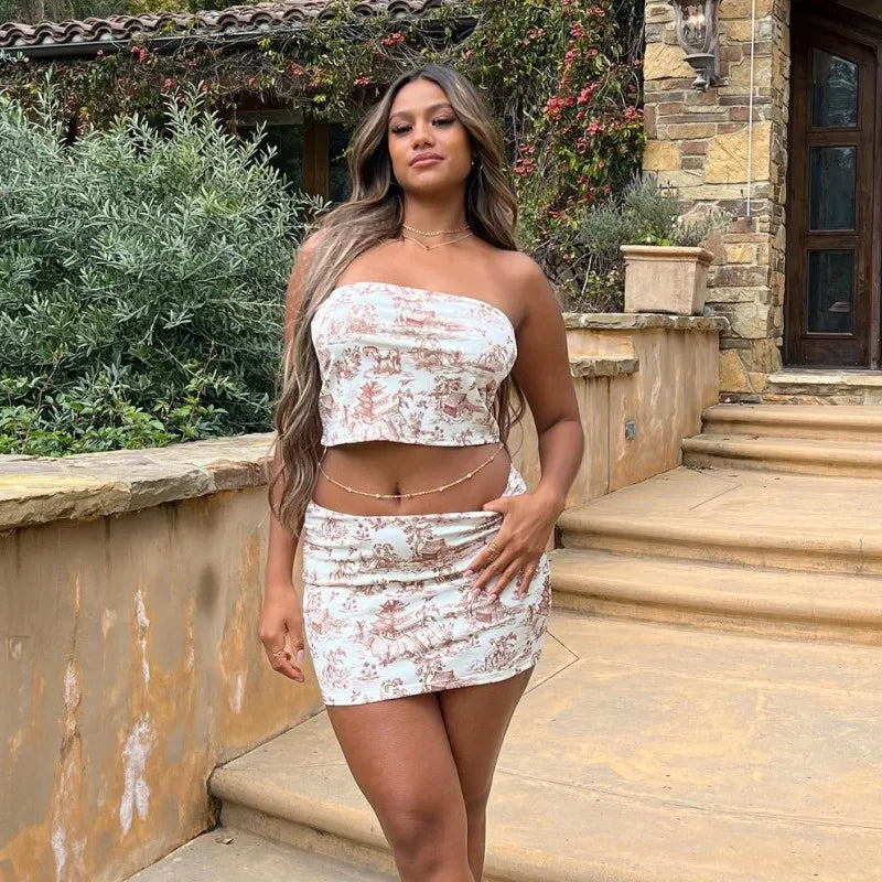 Women's Summer Two-Piece Set Sleeveless Strapless Retro Print Top and High Waist Slim Mini Skirt Streetwear Outfit