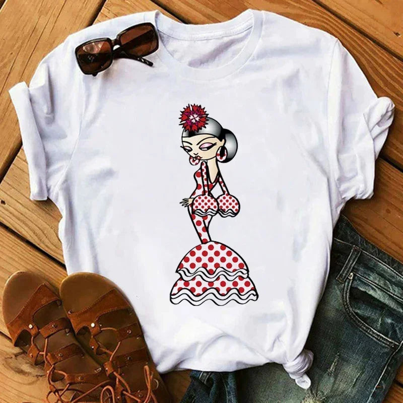 Women Cartoon Flamingo Dance Printed O-Neck T-Shirt Cute Casual Top for Daily Wear