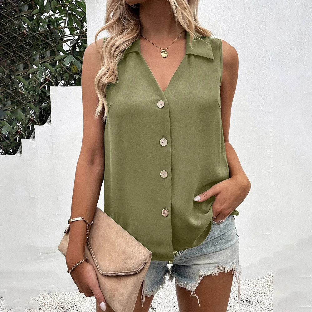 Chiffon Sleeveless Blouse for Women V Neck Button Down Slim Fit Casual Tank Top Summer Pullover Shirt