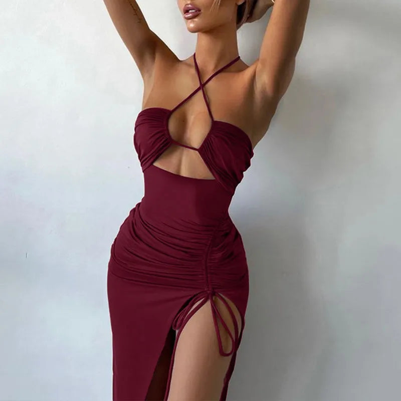 Black Backless Party Dress Halter Lace Up Hollow Out