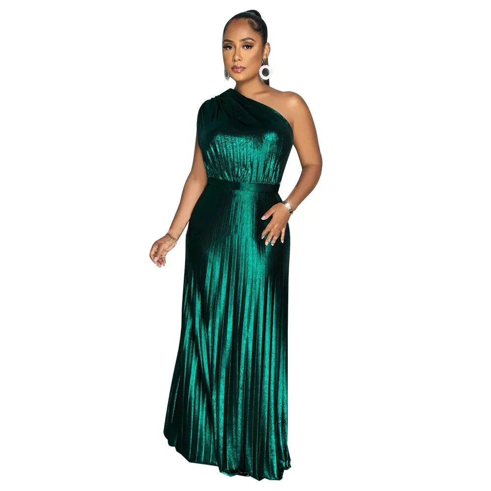 One Shoulder Metallic Pleated Maxi Dress Evening Gown