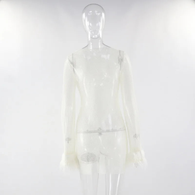 Black Mesh See Through Mini Dress Women Bodycon Clubwear