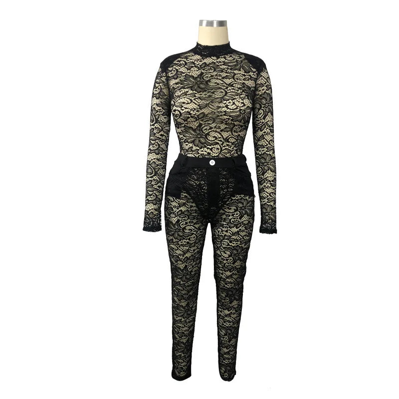 Lace Hollow Out Bodysuit and Pants Set for Women - Slim Fit Midnight Party Bodycon Outfit for Cocktail Events