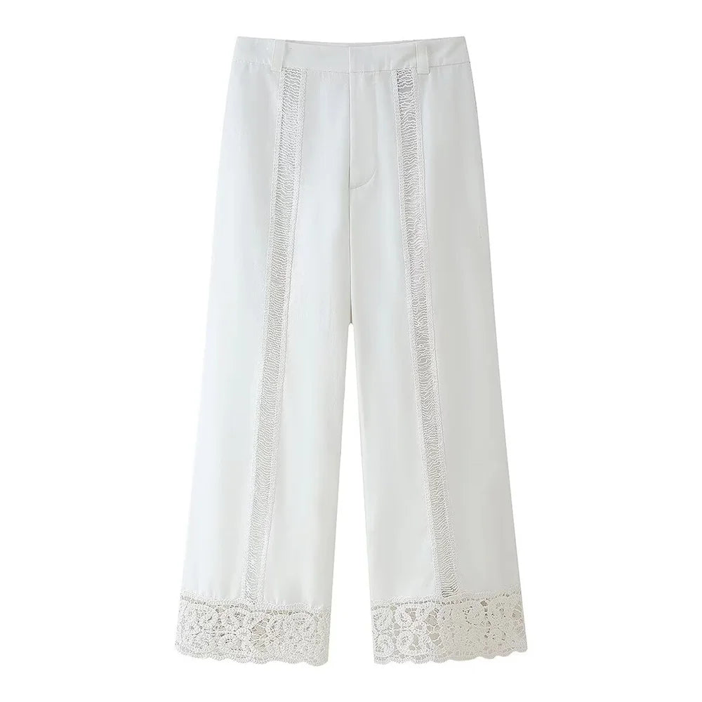 Women White Long Sleeve Blouse and Wide Leg Pants Set with Lace Trim Elegant Design