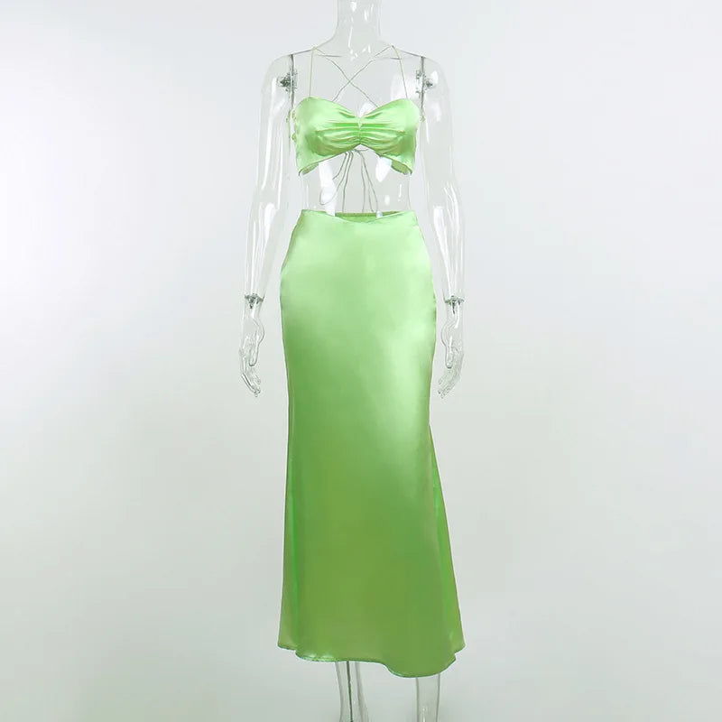 Two Piece Strapless Rope Halter Satin Bikini Set For Beach