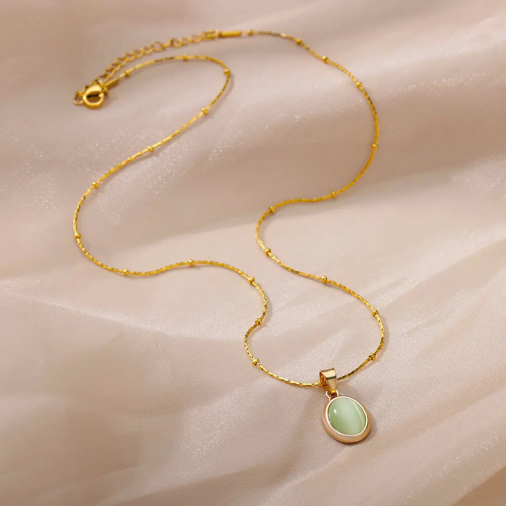 Gold Color Opal Oval Necklace for Women Stainless Steel Pendant Jewelry Gift