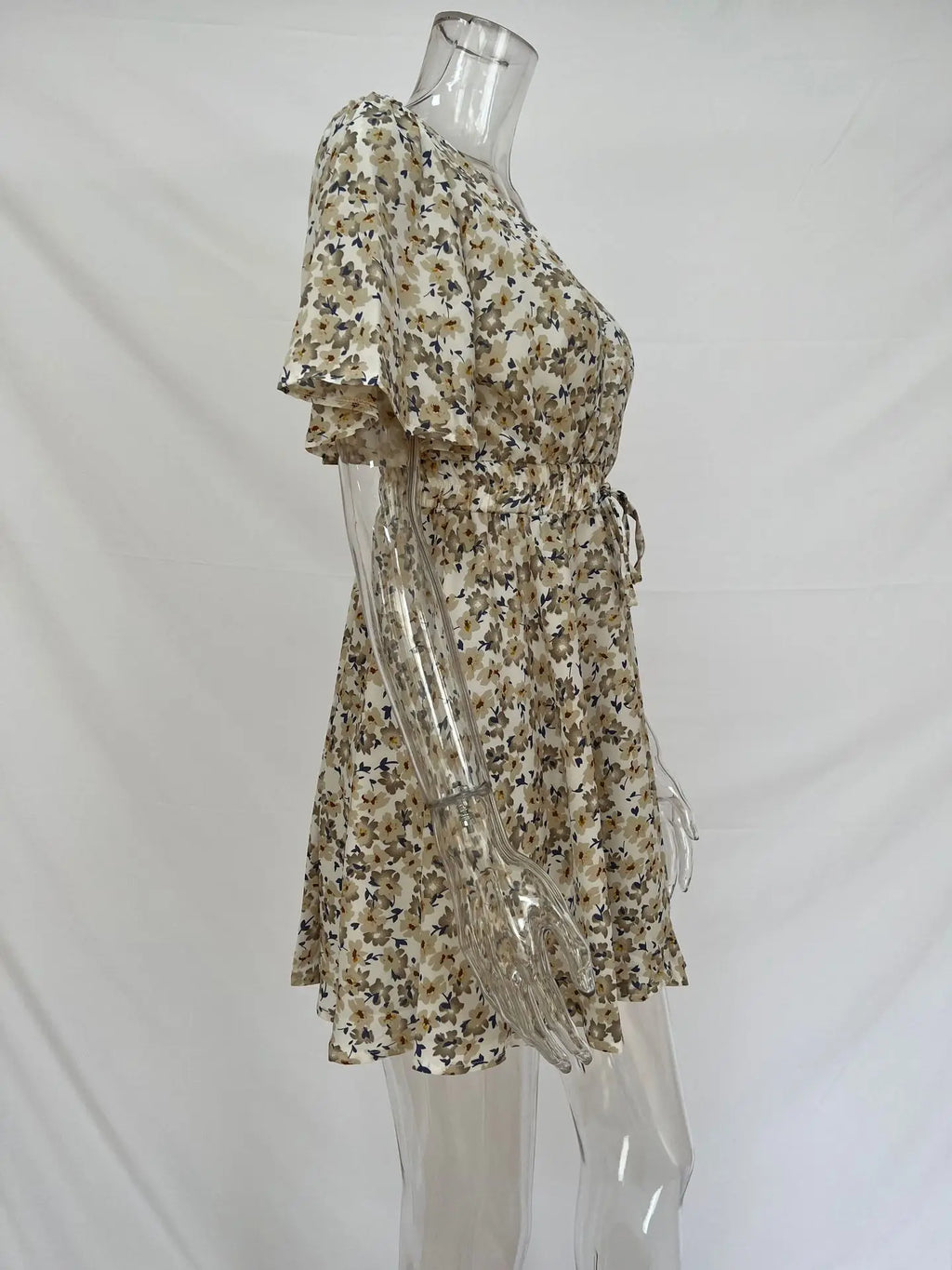 Summer Floral Dress With Bubble Sleeves V Neck A Line