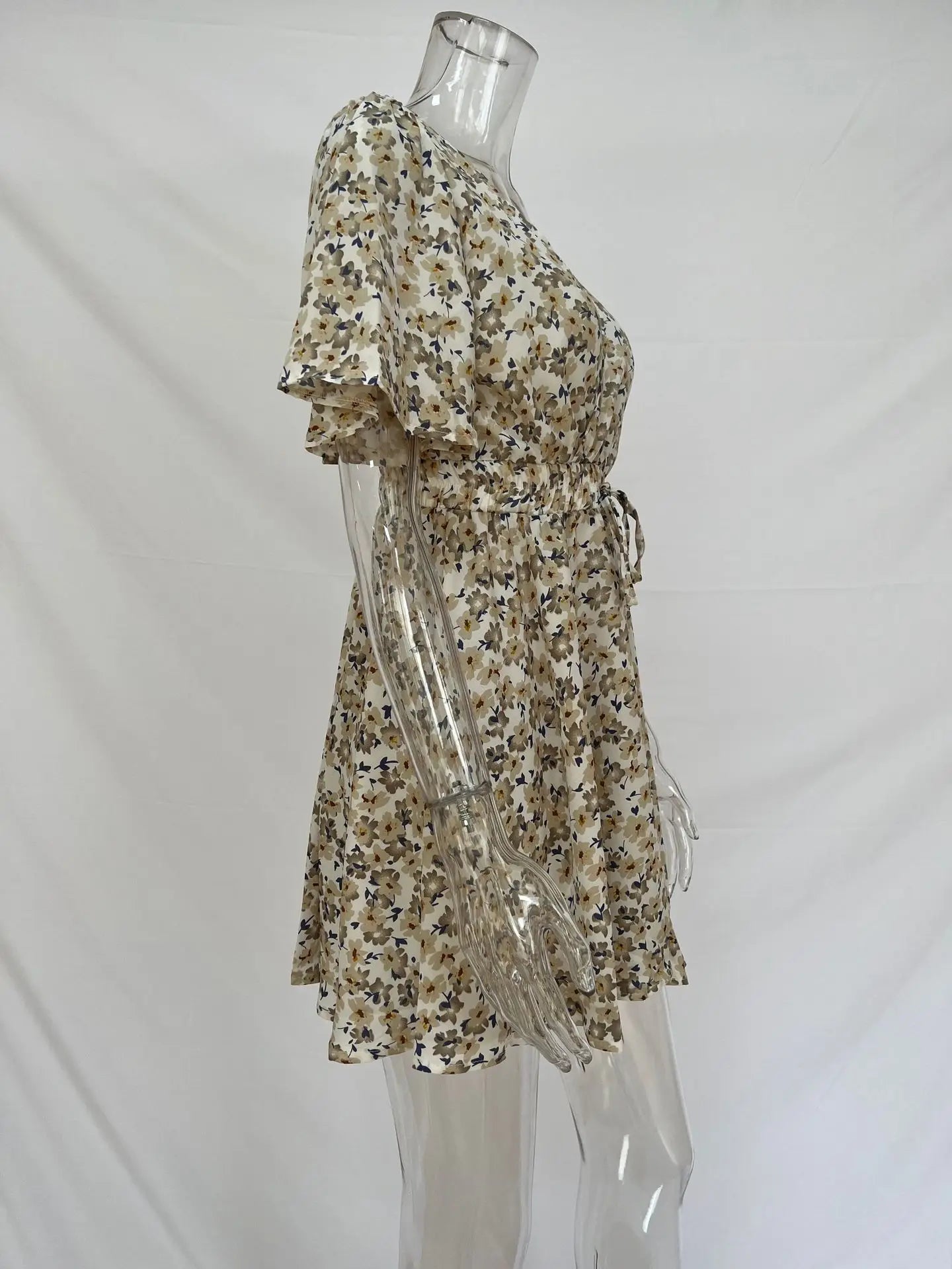 Summer Floral Dress With Bubble Sleeves V Neck A Line