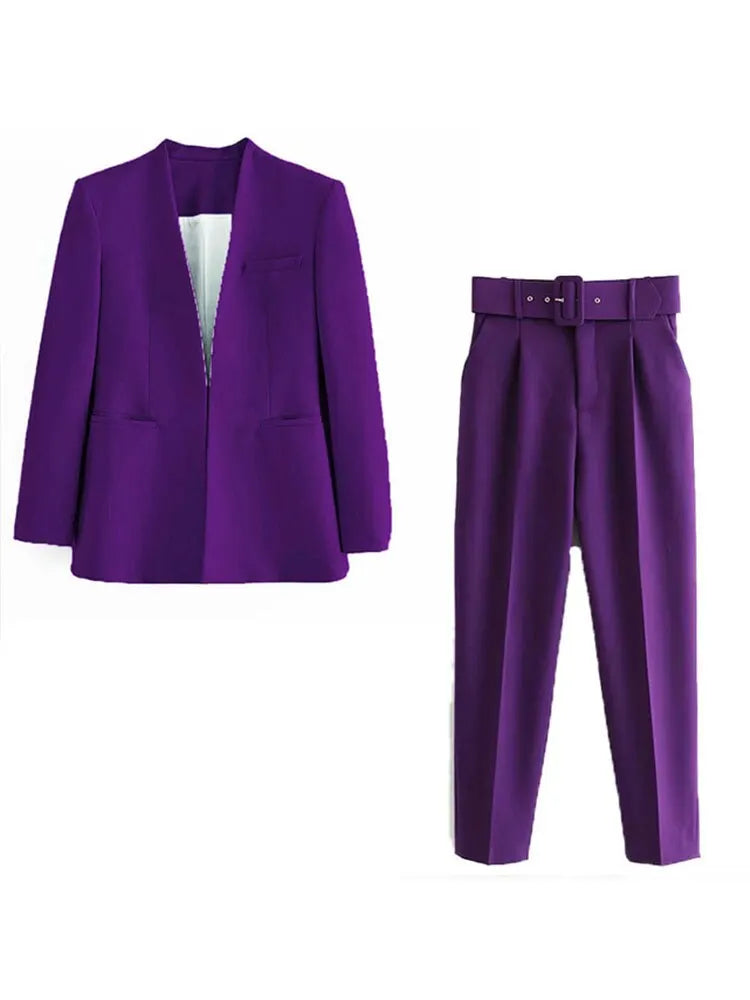Women's Solid Color Office Suit Coat and High Waist Ankle-Length Pants Set