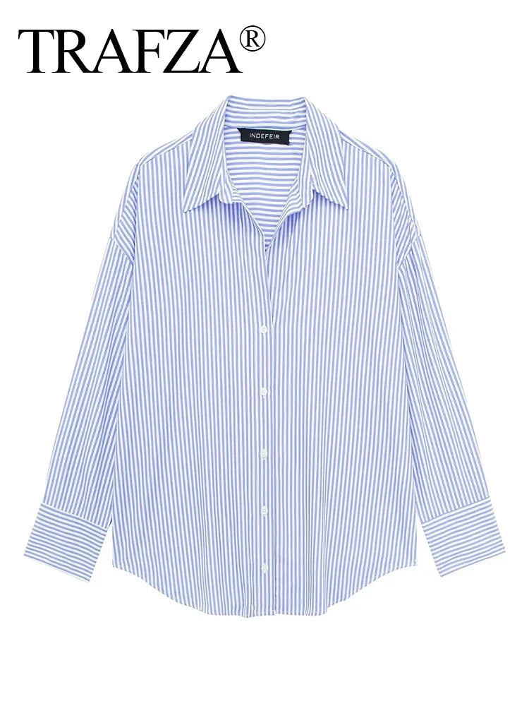 Women's Vintage Long Sleeve Blouse Oversized Striped V Neck Office Shirt Elegant Textured Top