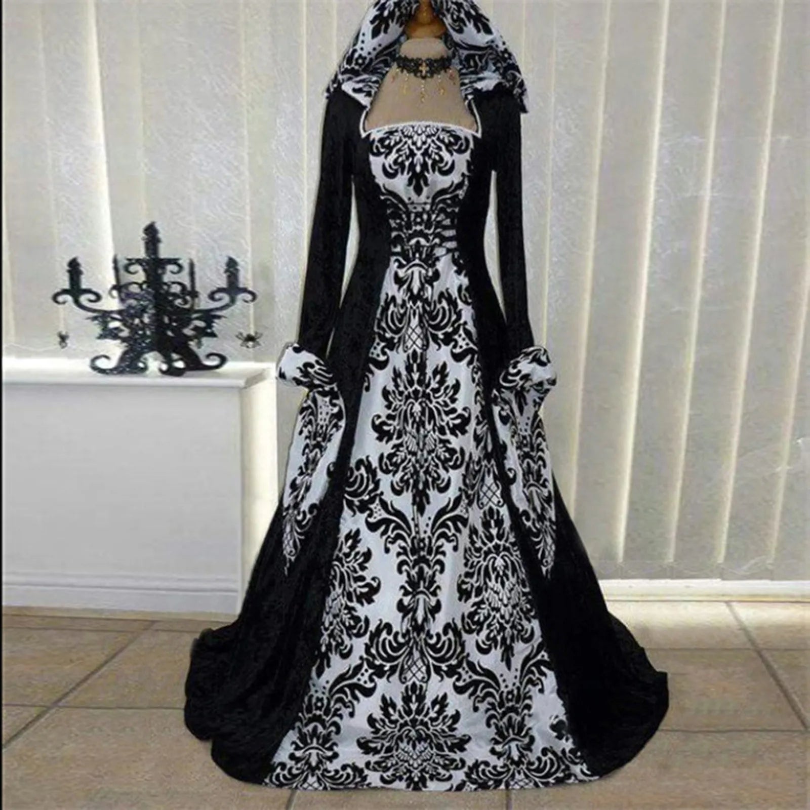 Gothic Hooded Vintage Dress Embroidered Long Sleeve