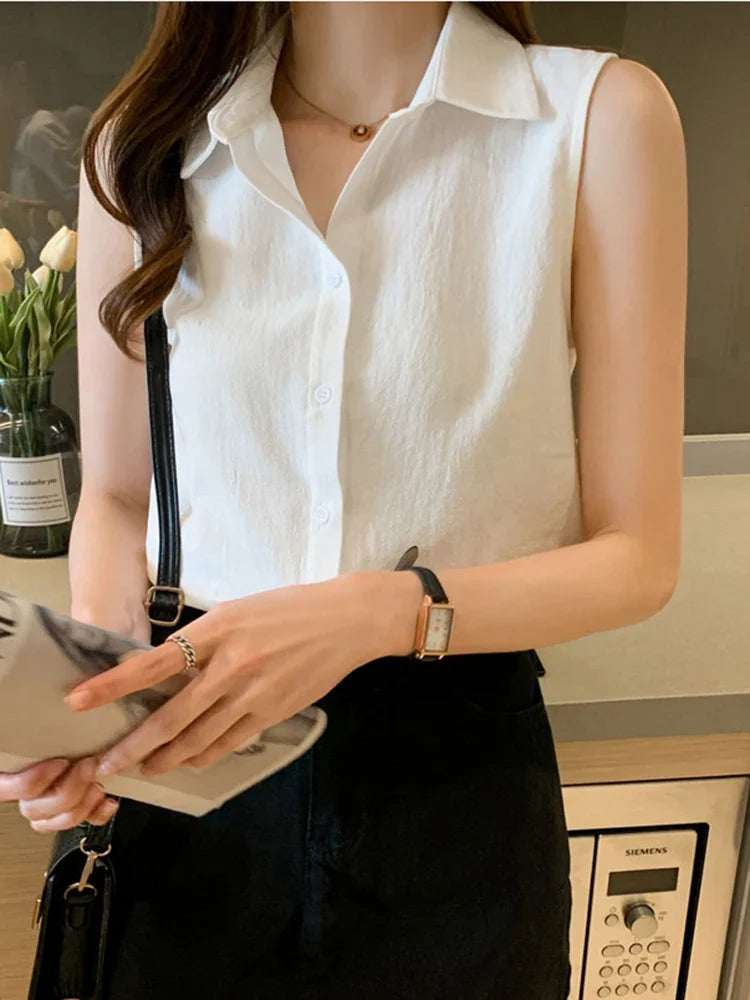 Sleeveless Turn-Down Collar Blouse for Women Elegant OL Style Workwear Shirt Lightweight Summer Top