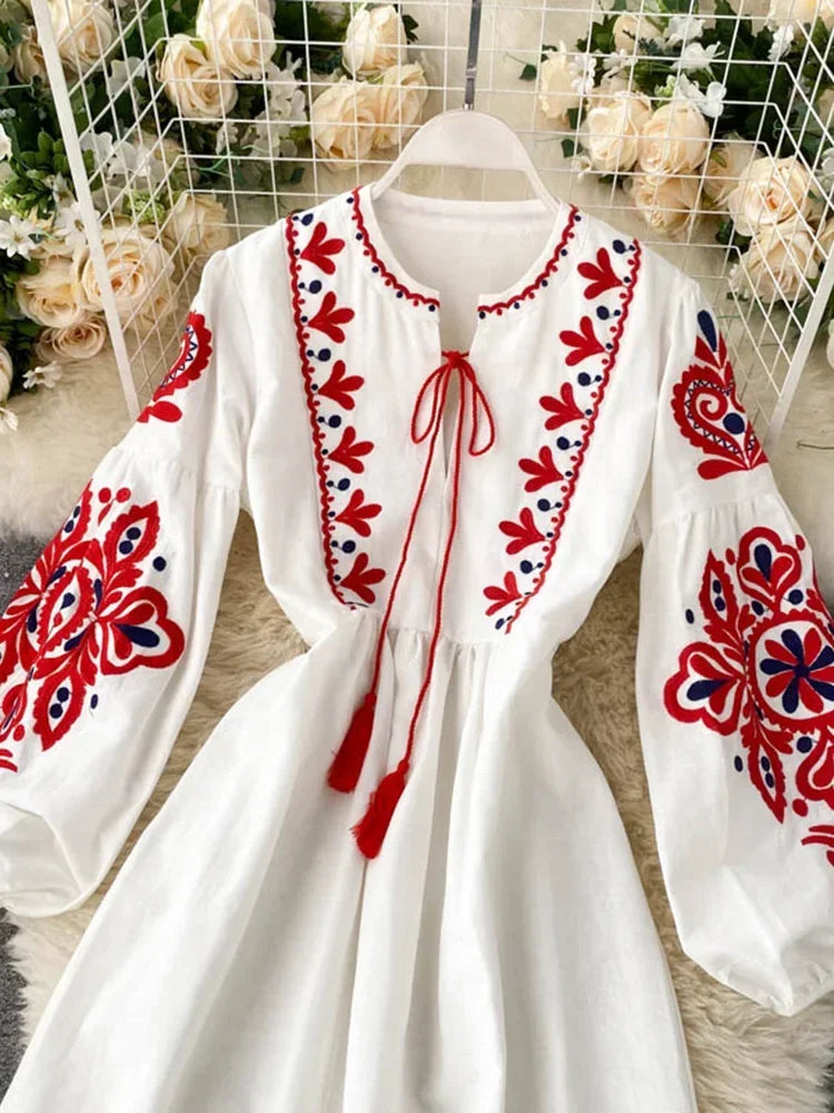 Bohemian Embroidered Floral Dress With Lantern Sleeve