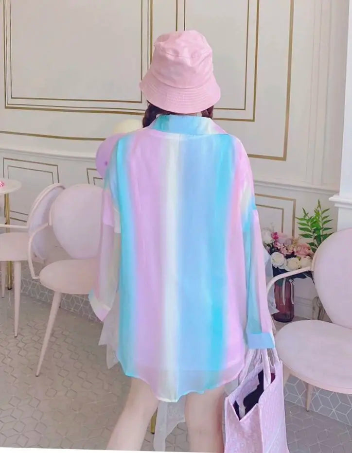 Sheer Long Sleeve Gradient Rainbow Blouse Casual Loose Fit Office Shirt for Women