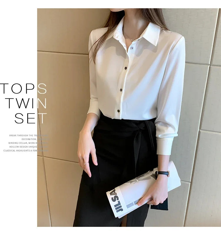 Elegant Satin Long Sleeve Blouse for Women Casual Office Shirt Solid White Basic Top