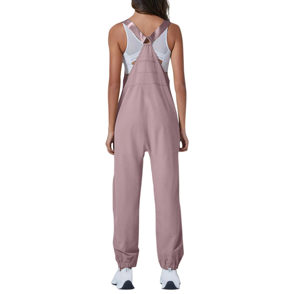 Women's Summer Casual Loose Wide Leg Jumpsuit with Adjustable Straps Pockets and Retro Button Detail Solid Color Sleeveless Overalls