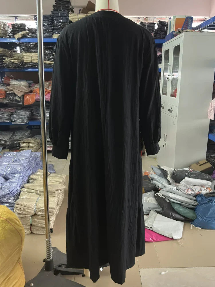 Womens Long Sleeve Swing Dress Cotton Hemp Casual Elegant