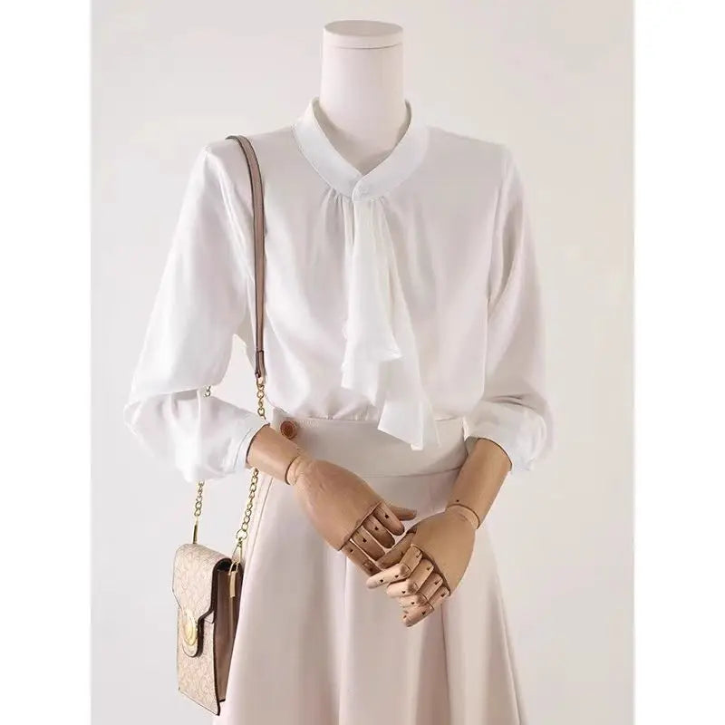 Elegant Scarf Collar Button Up Blouse for Women Long Sleeve Solid Color Temperament Top Spring Autumn Fashion Shirt