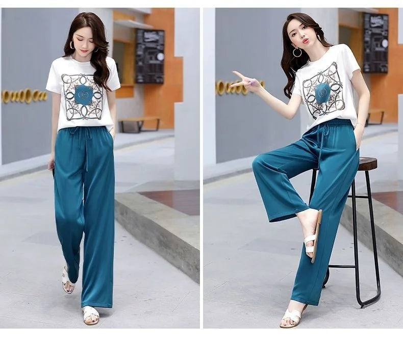 Women's Plus Size Two Piece Suit Set with Short Sleeve Tops and Wide Leg Pants for Casual Summer Fashion