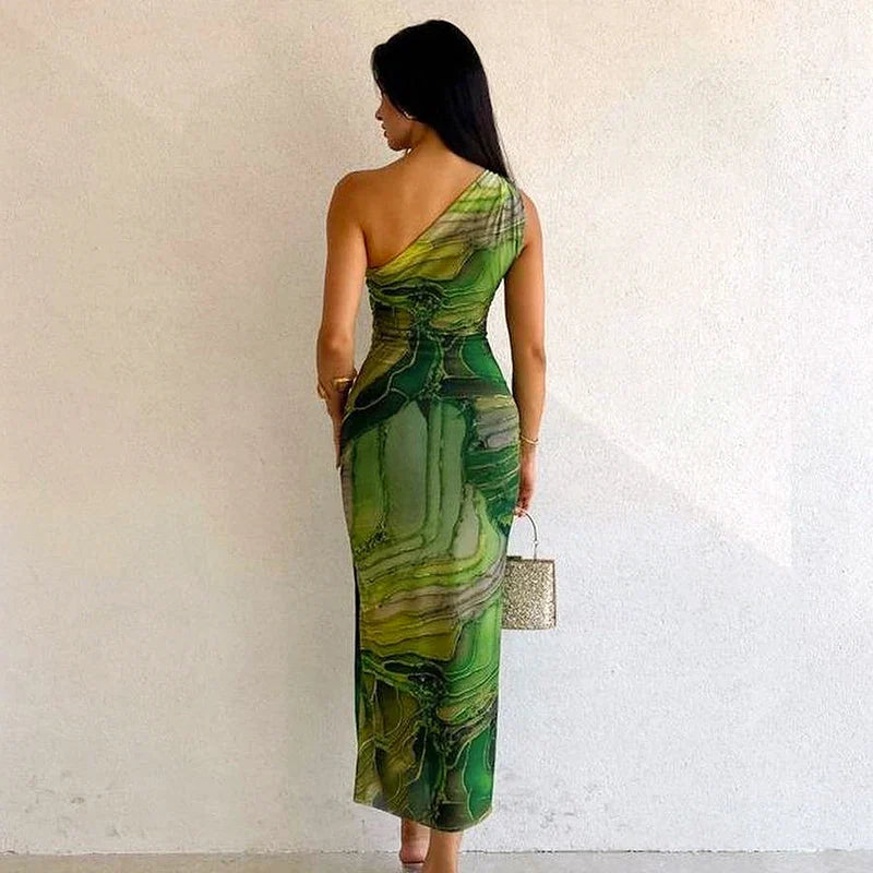 One Shoulder Backless Gradient Print Dress For Party