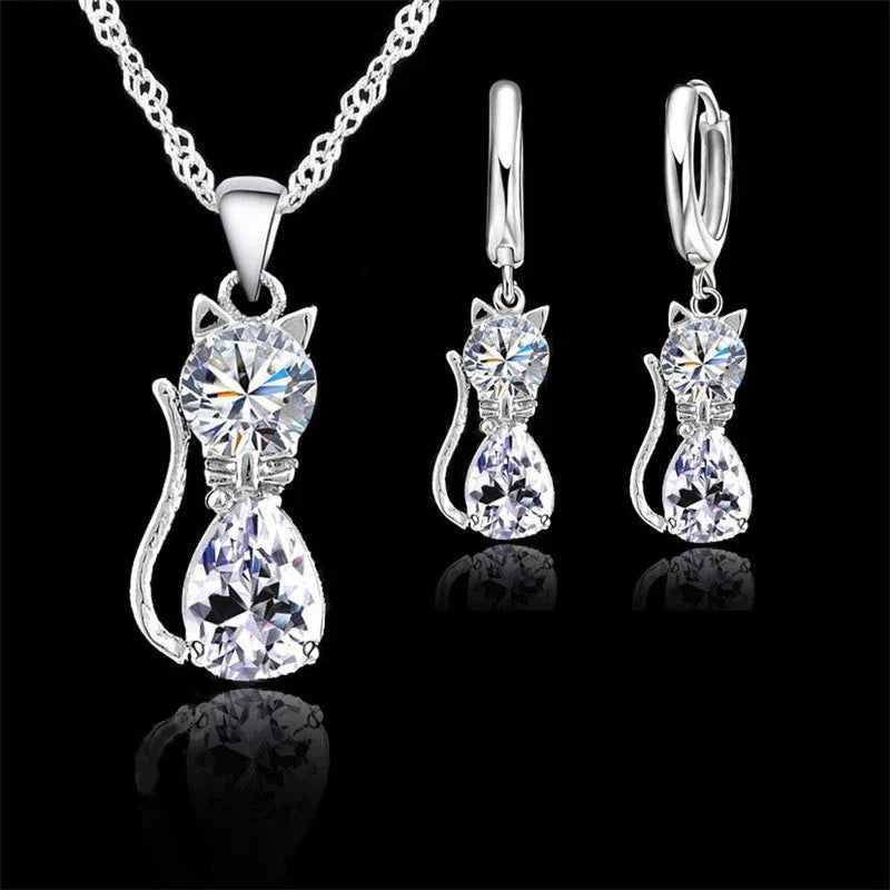 925 Sterling Silver Cat Pendant Necklace and Huggie Earring Jewelry Set with Shining Austrian Crystal for Women and Girls