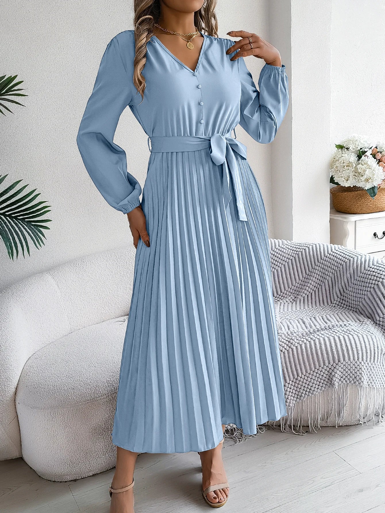 Elegant Autumn V Neck Belted Pleated Long Sleeve Dress