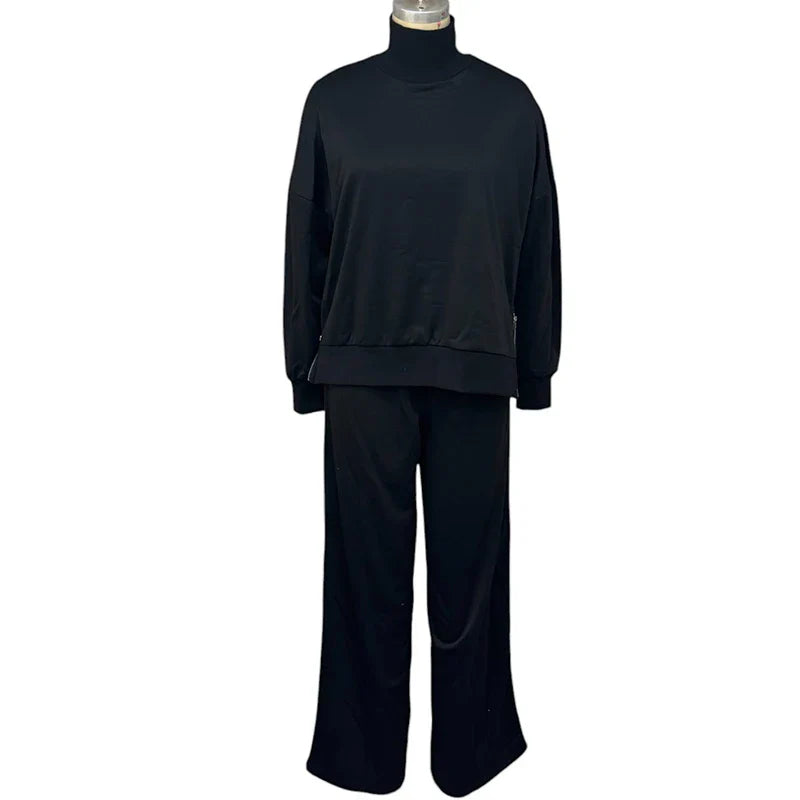 Women's Autumn Casual 2 Piece Turtleneck Pullover Top and Wide Leg Pants Set