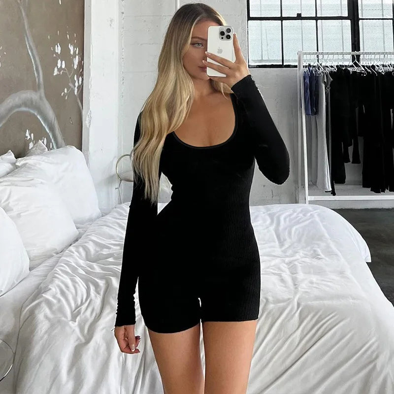 Sexy Slim Fit Autumn Playsuit for Women Long Sleeve Knitted Jumpsuit Solid Color Elegant Basic Fashionable Skinny Bodysuit