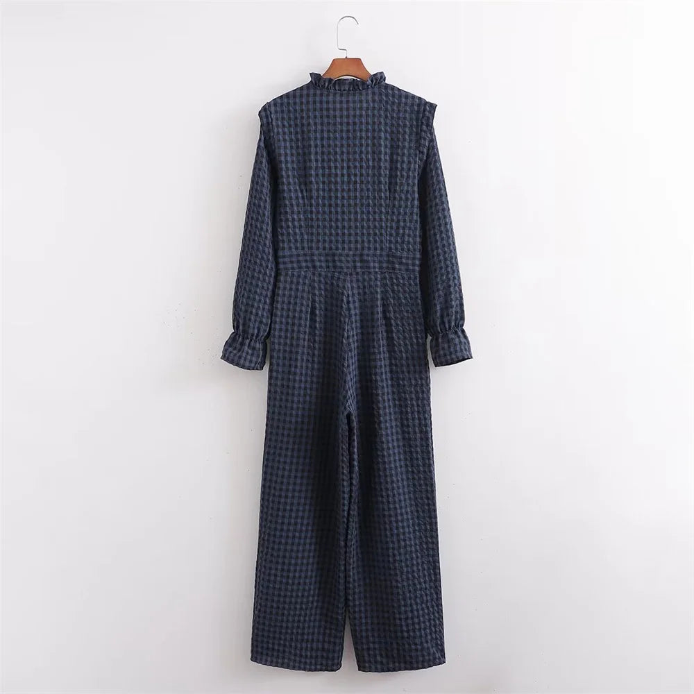 Women's Slim Fit Plaid Jumpsuit with Lace Collar Long Sleeves Casual Elegant Office Wear
