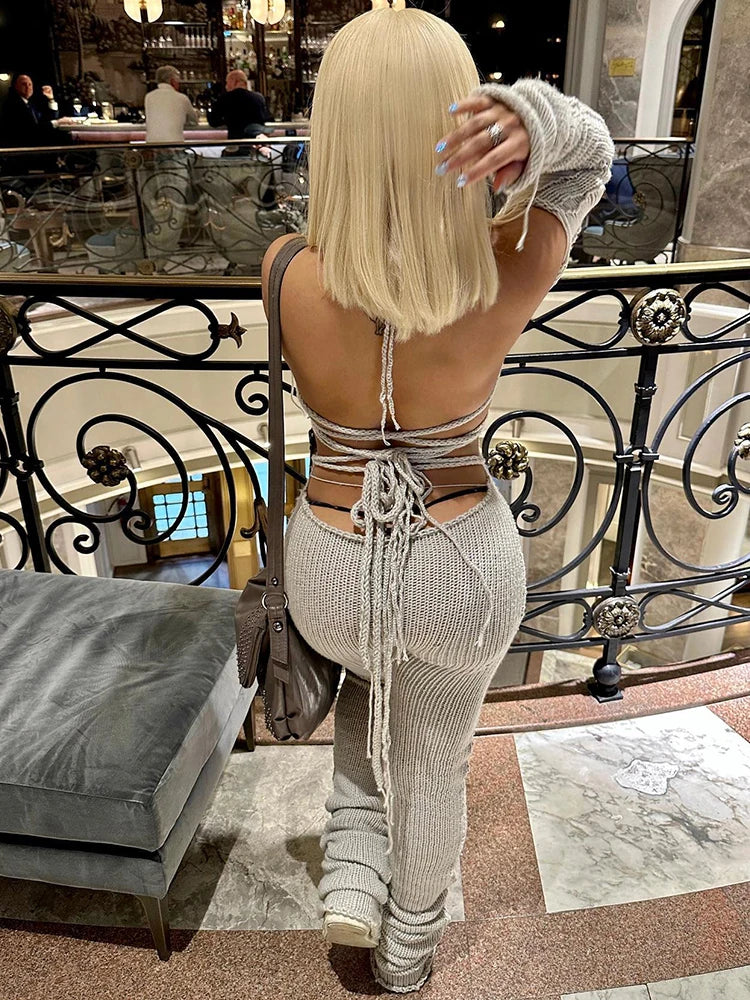 Weird Puss Bandage Knit Halter Jumpsuit with Gloves Women Stretch Sexy Backless Hollow Skinny Street Style Stacked Workout Overalls