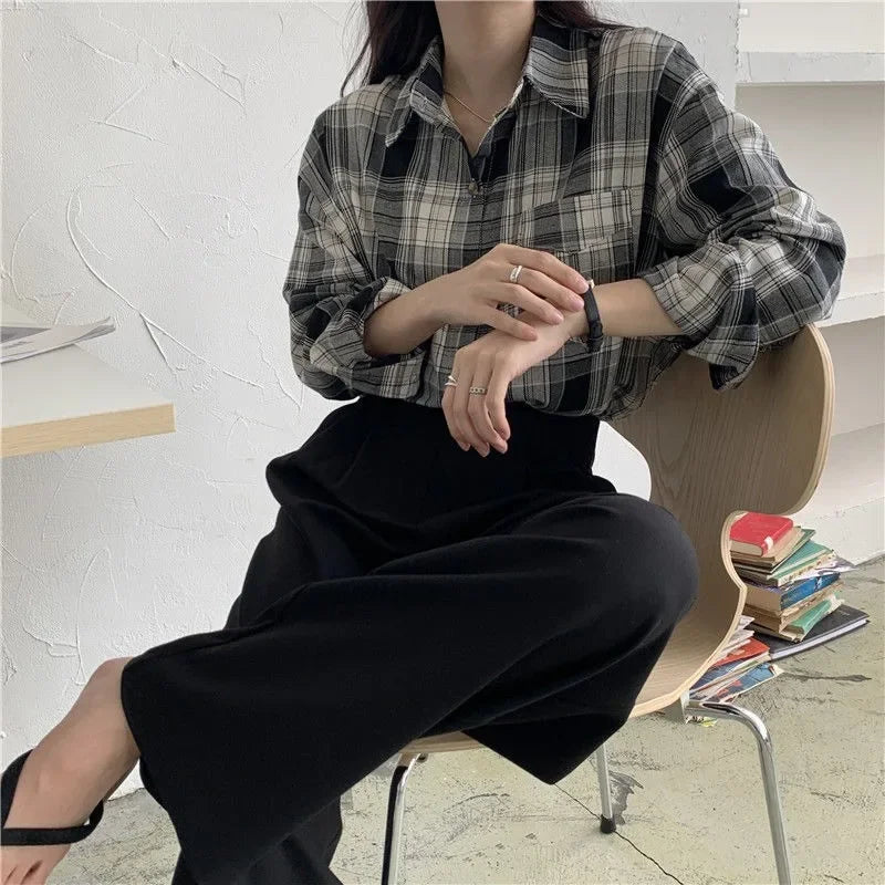 Casual Long Sleeve Plaid Blouse Mid Length Loose Fit Turn Down Collar Shirt for Women Autumn Winter Fashion Top