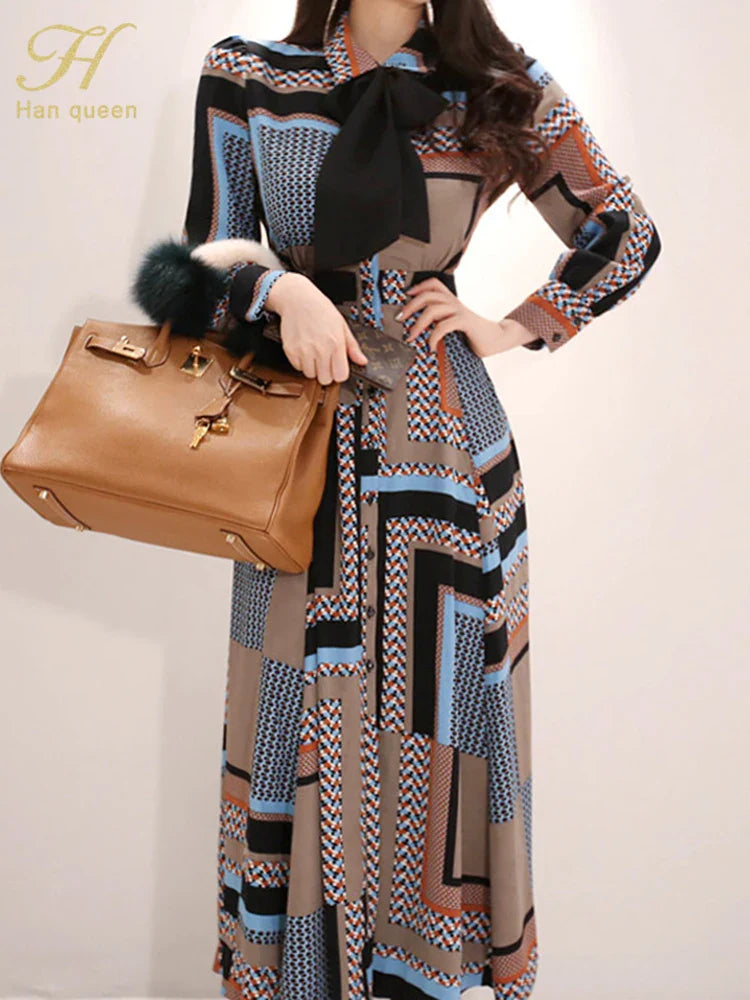 Vintage Print Long Shirt Dress For Women Ankle Length