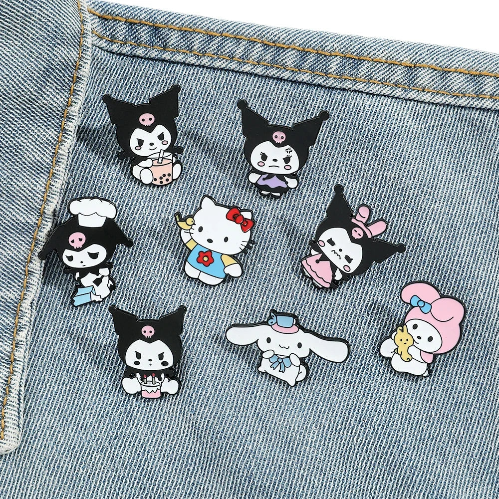 8 Pcs Hello Kitty Animal Brooch Set Cute Princess Kulomi Melody Lapel Pins Fashion Metal Badges for Backpack and Clothing Jewelry