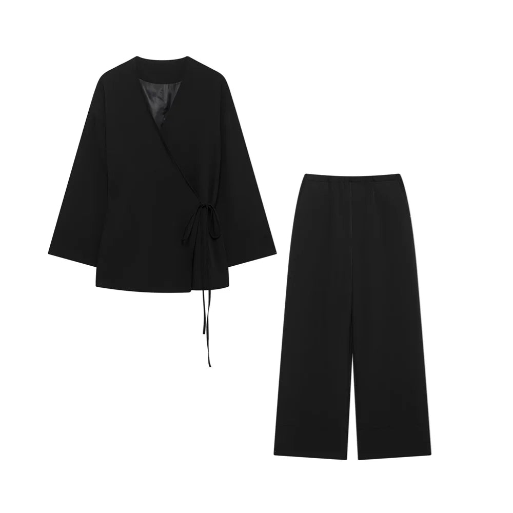 Women's Casual Double Breasted Kimono Style Suit Jacket and Straight Leg Pants Set for Spring Fashion