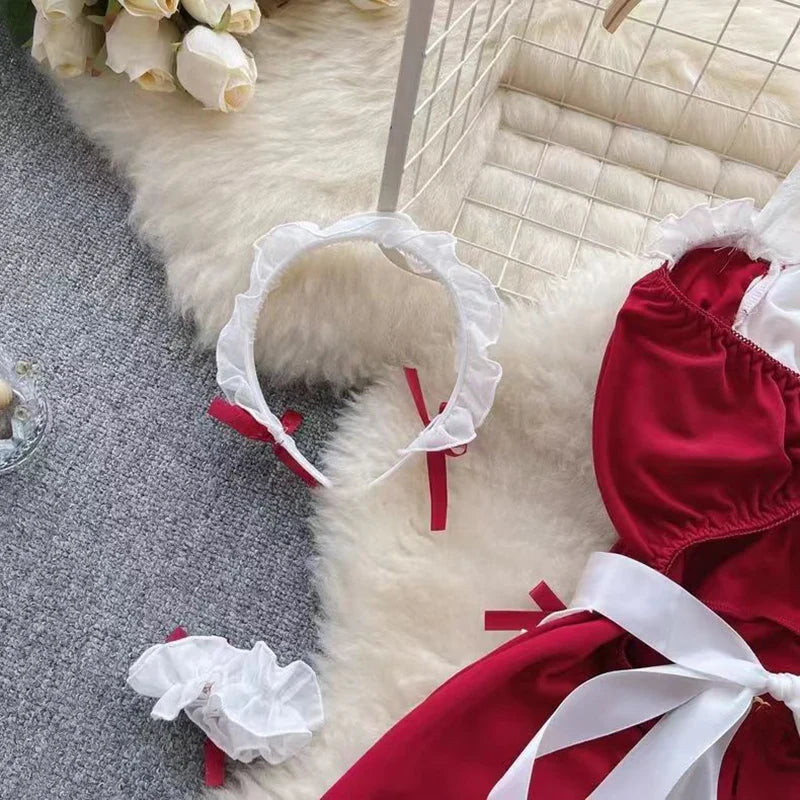 Maid Cosplay Nightwear Set Halter Hollow Out Thong