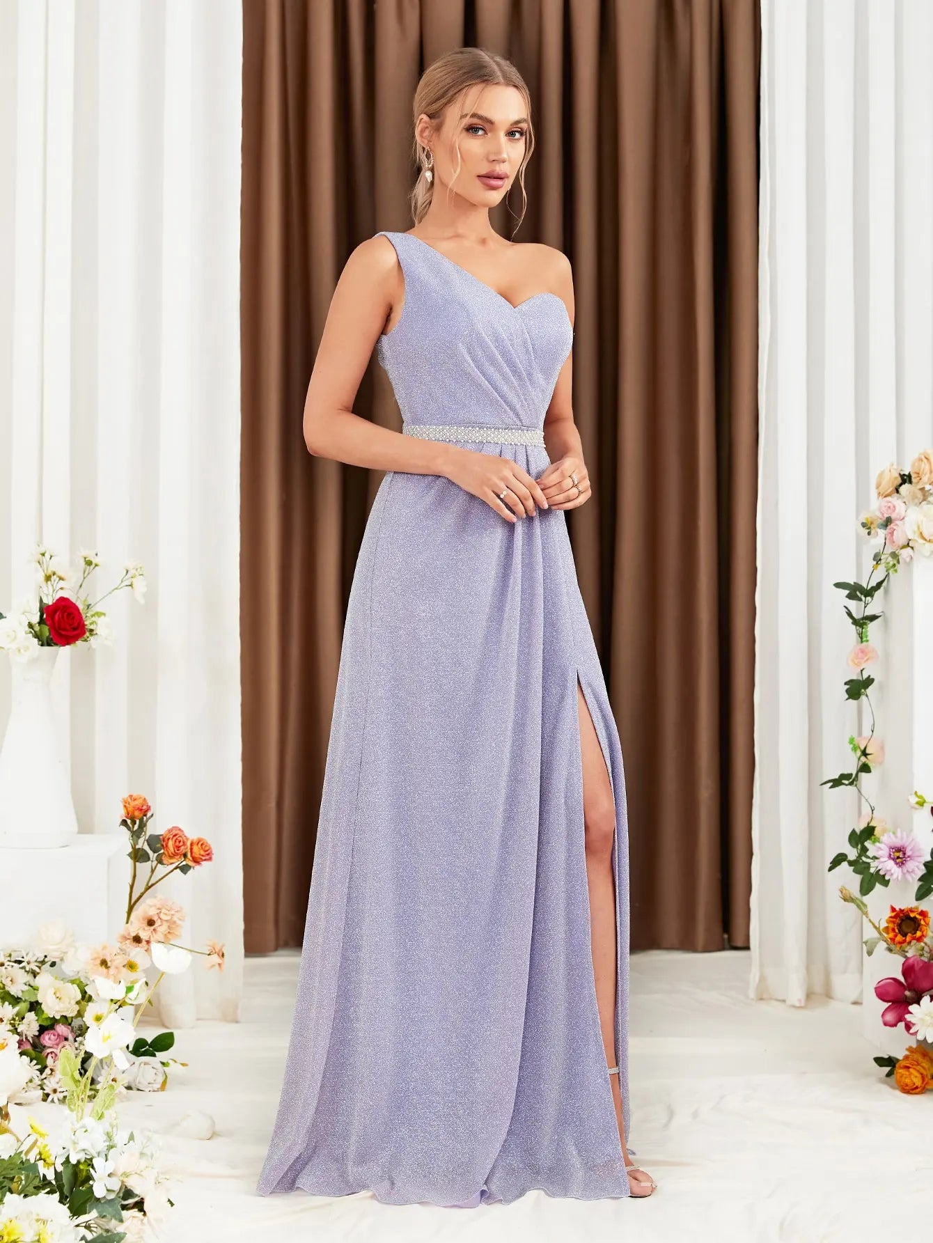 Bridesmaid Dress With Slit Waist Belt For Wedding Occasions