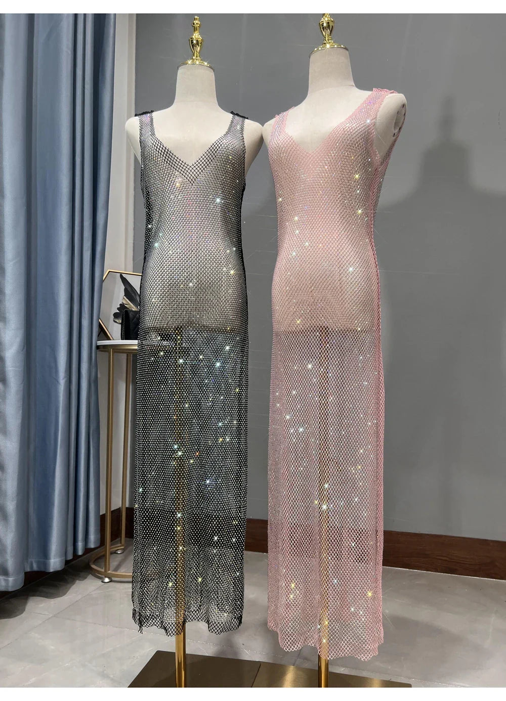 Rhinestone Party Dress Deep V Neck Mesh Club Wear For Women