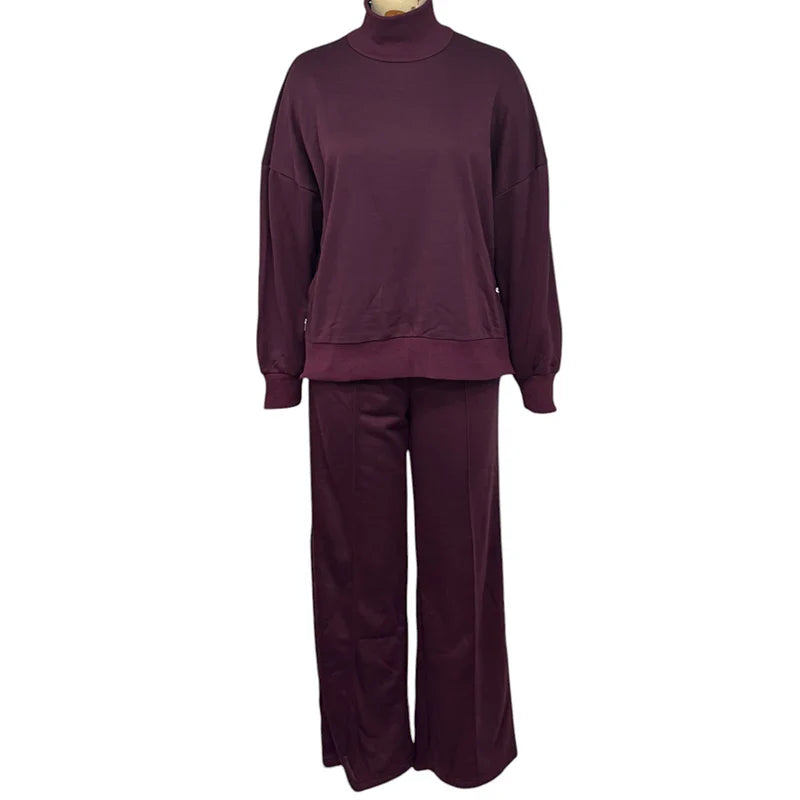Women's Autumn Casual 2 Piece Turtleneck Pullover Top and Wide Leg Pants Set