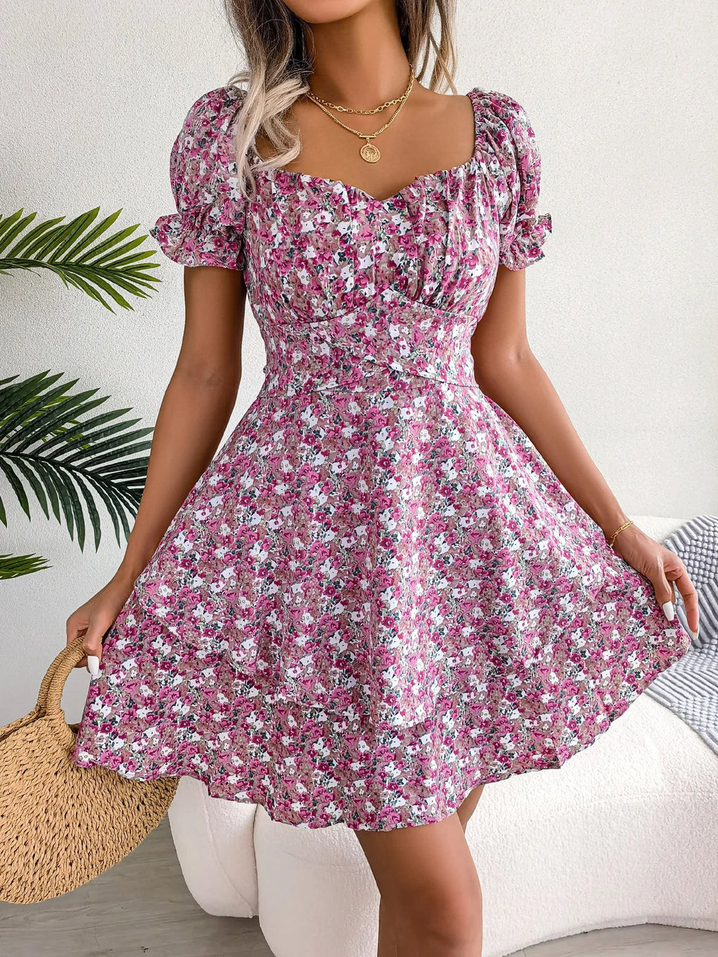 Floral Print Pleated Dress For Women Knee Length Summer