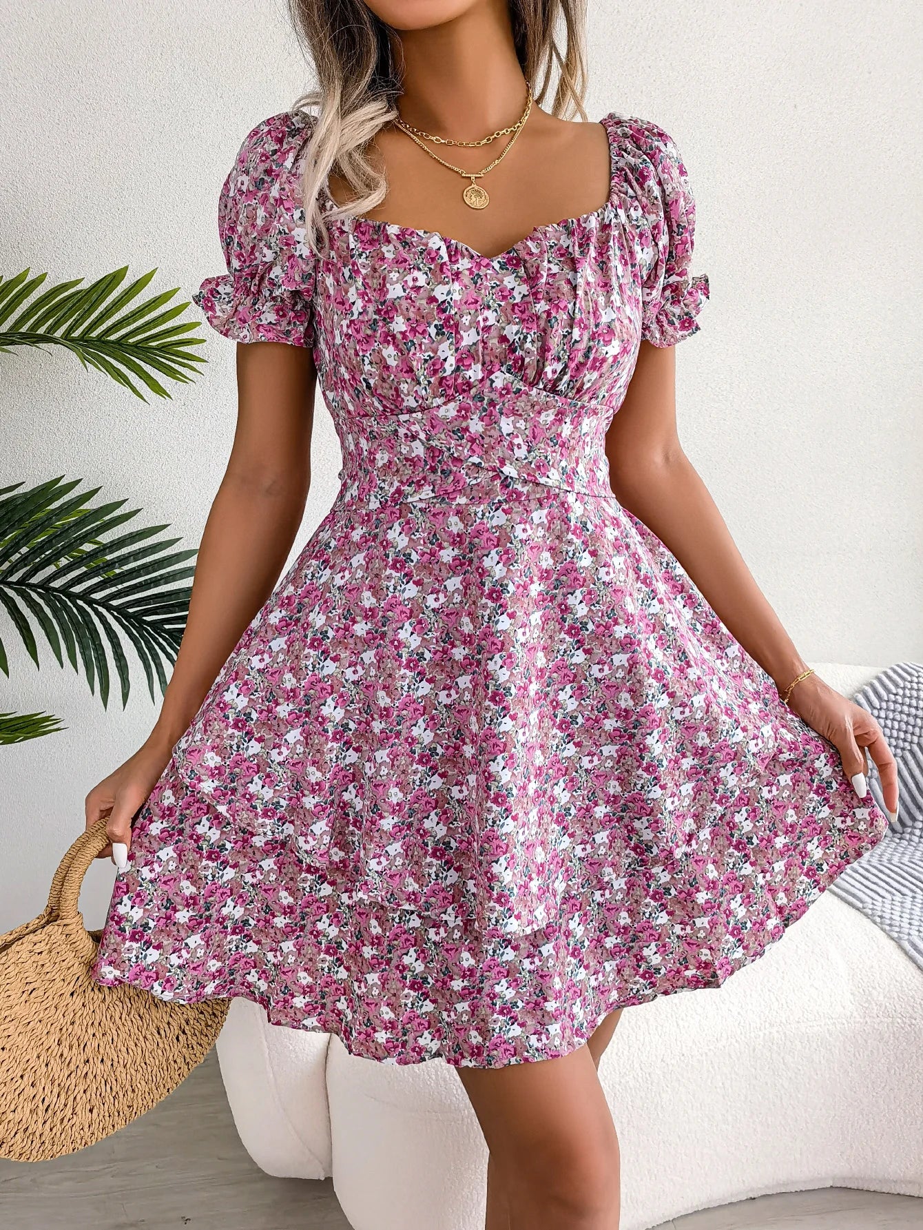 Floral Print Pleated Dress For Women Knee Length Summer