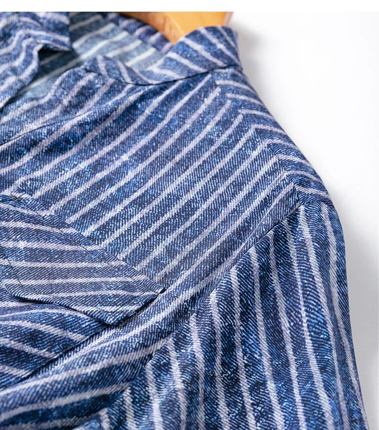 Women 100 Percent Mulberry Crepe Silk Shirt Blue Jeans Stripe Printed Three Quarter Sleeve Pullover Blouse Elegant Office Top in M L XL