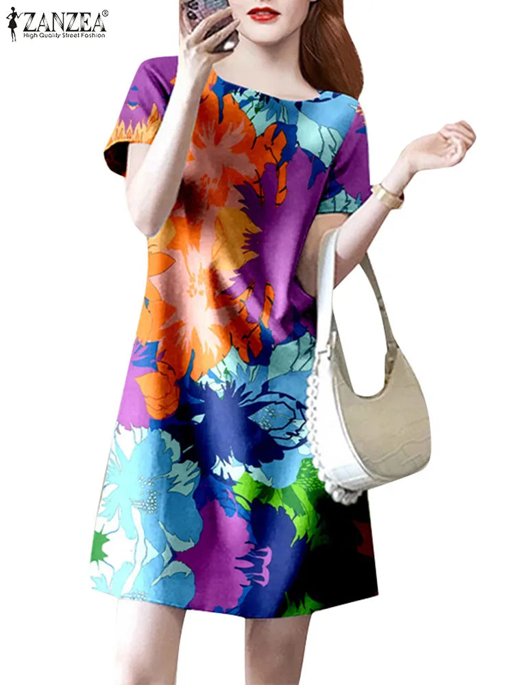 Floral Print Knee Length Summer Dress With Short Sleeve